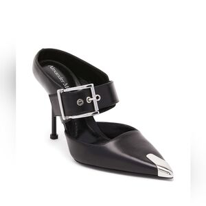 Alexander McQueen Punk Leather Buckle Point-Toe Mules Size 40